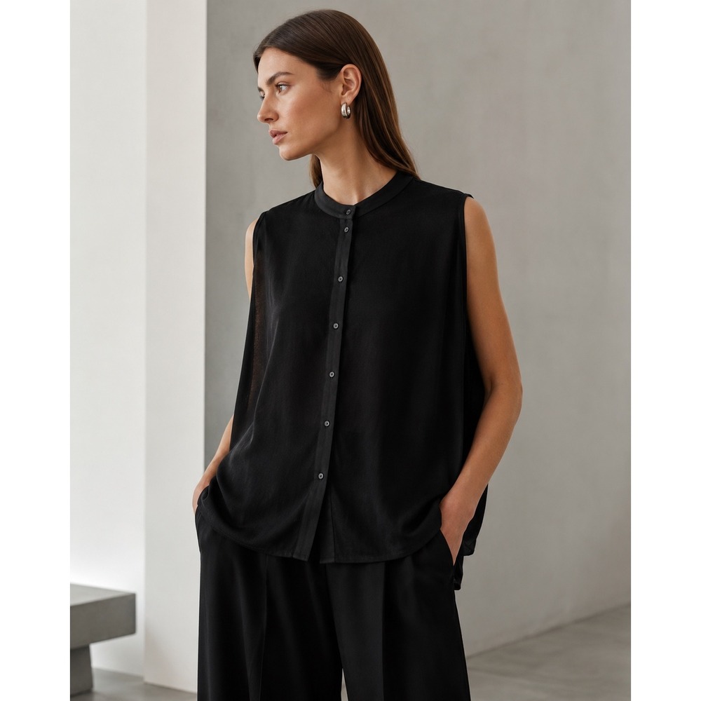 COS Black Sleeveless Swing Blouse Sheer Silk Trim Quiet Luxury Top S